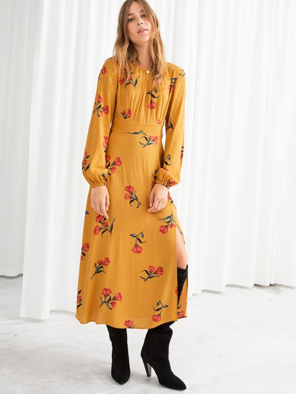 & Other Stories Los Angeles Atelier Long Sleeve Floral Midi Dress Size US 4